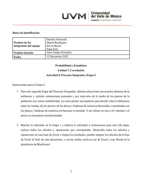 ACTIVIDAD 8 PROBABILIDAD Datos de identificación Nombre de los