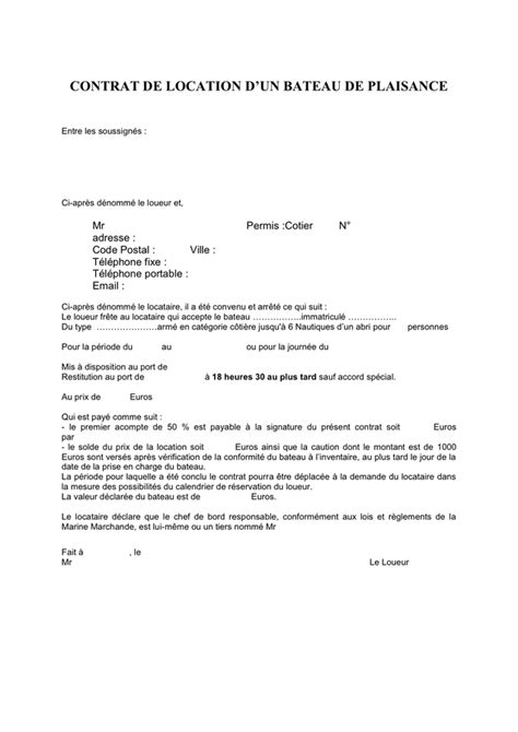 Model De Contrat De Location Dun Bateau De Plaisance Doc Pdf