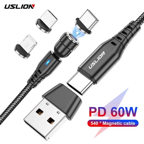 USLION PD 60W Fast Charging Magnetic Cable 2 In 1 USB C To Type C Micro