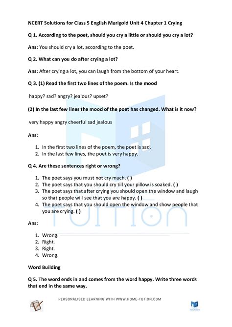 NCERT Solutions For Class 5 English Marigold Unit 4 Chapter 1 Crying