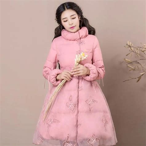 Winter Stand Collar Lace Embroidery Down Coat Female Net Yarn Stitching