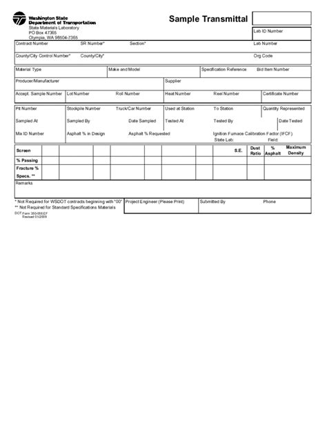 Fillable Online Wsdot Wa DOT Form 350 056 Sample Transmittal Fax Email