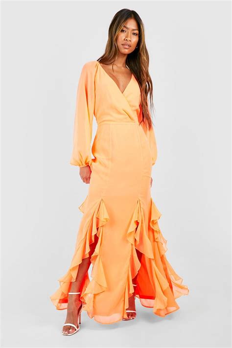 Split Shoulder Wrap Ruffle Detail Maxi Dress Boohoo Uk