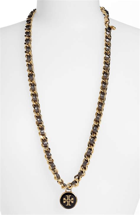 Tory Burch Long Leather Woven Chain Necklace In Black Black Gold Lyst