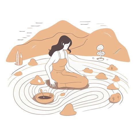 Ilustración vectorial de una mujer meditando en la playa rodeada de