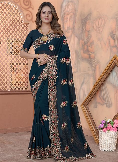 Buy Teal Blue Faux Georgette Embroidered Saree Party Wear Online At