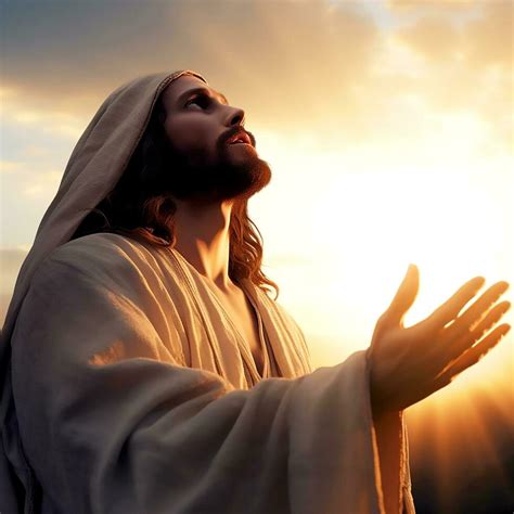 Jesus Christ raising hands and praying with sunset 30564507 Stock Photo ...