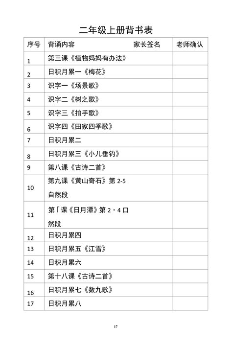 完整word版部编版二年级上册语文背书表