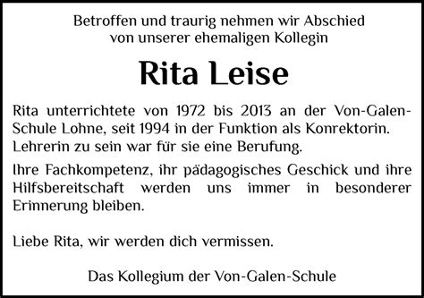 Traueranzeigen Von Rita Leise Om Trauer De