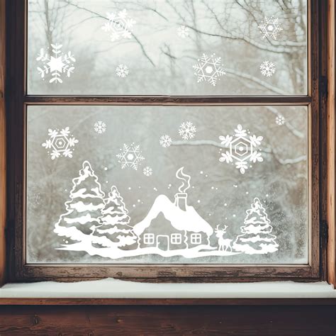 Fensterbild Weihnachten Häuschen mit Reh Schneeflocken WIEDERVERWENDBAR