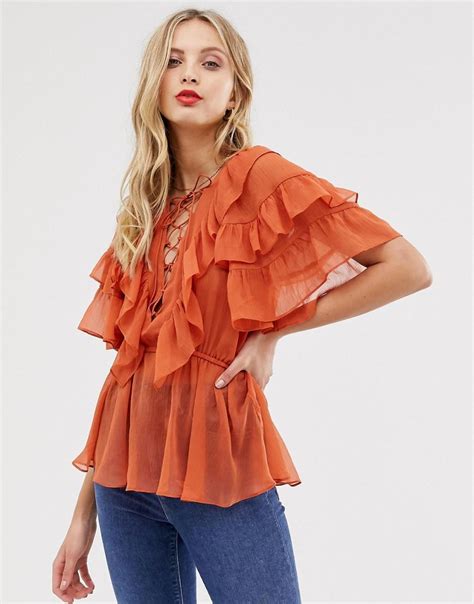 Asos Ruffle Sleeve Top With Lace Up Detail In Orange Lyst