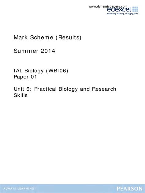 Mark Scheme Results Summer 2014 Ial Biology Wbi06 Paper 01 Unit 6 Practical Biology And