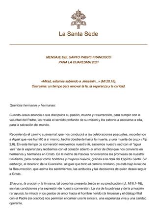 Mensaje Del Papa Francisco Para La Cuaresma 2021 PDF