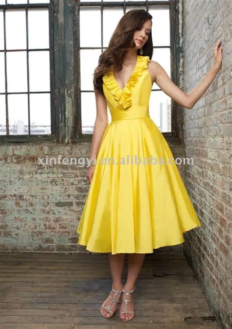 Sex Yellow Taffeta Halter Tea Length Bridesmaid Dresses Designers In