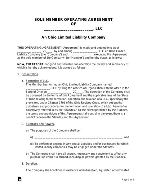 Free Ohio Single Member Llc Operating Agreement Pdf Word Eforms