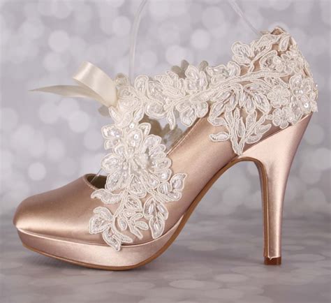 Champagne Wedding Shoes Closed Toe Bridal Heels With An Ivory Lace