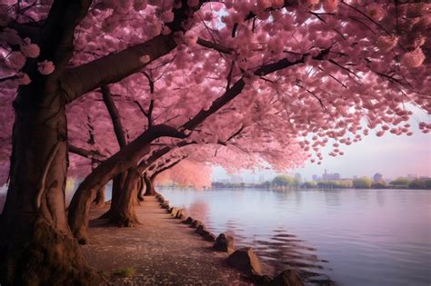 Premium AI Image | Cherry Blossom by the Lake