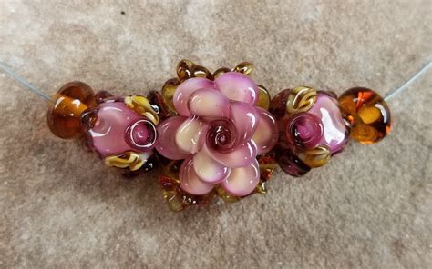 Glass Lampwork Beads Flowers Floral Roses Leafs Rose Buds Rusty