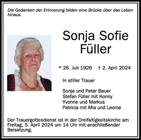 Traueranzeigen Von Sonja Sofie F Ller Schwaebische De Trauerportal