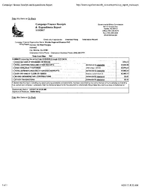 Fillable Online Ethics Ks R Campaign Finance Receipts Expenditures