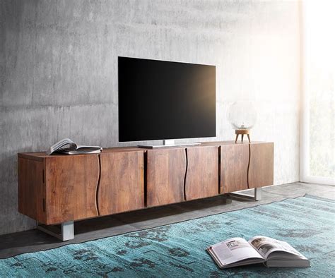 Meuble TV Live Edge 220 Cm Acacia Marron En Bois Massif 6 Portes DELIFE