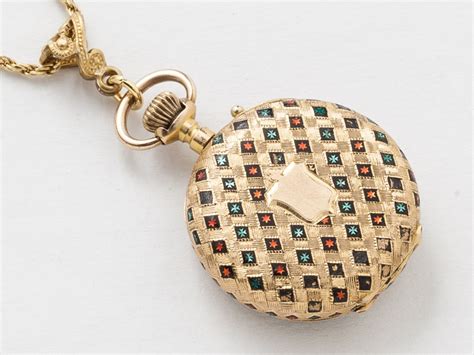 Antique Pocket Watch Case Necklace In Solid K Gold With Genuine