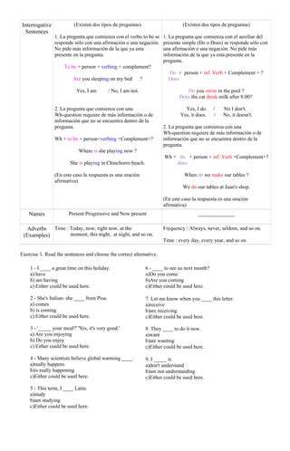 Comparing Present Tenses Chart Pdf