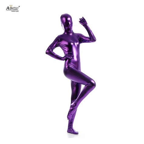 Ainclu Fullbody Purple Glue Metallic Zentai For Hallween Shiny Spandex Lycra Spandex Long Sleeve