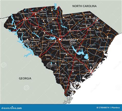 Detailed South Carolina Road Map with Labeling. Stock Vector ...