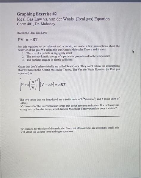 Solved Graphing Exercise 2 Ideal Gas Law Vs Van Der Waals Chegg