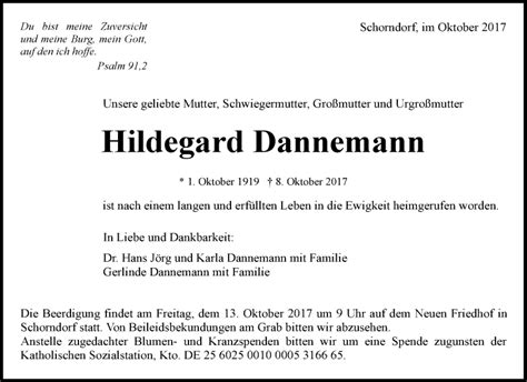 Traueranzeigen Von Hildegard Dannemann ZVW Trauer