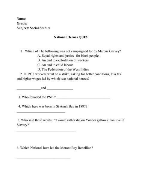 Jamaica National Heroes Worksheet National Heroes Jamaica National