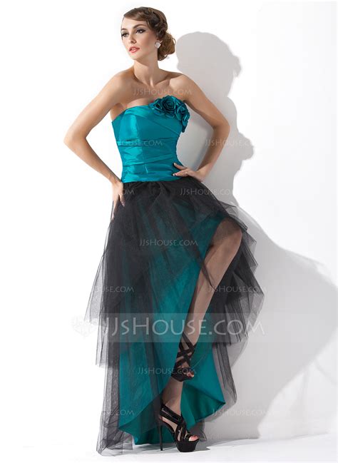 A Line Princess Strapless Asymmetrical Taffeta Tulle Prom Dress With