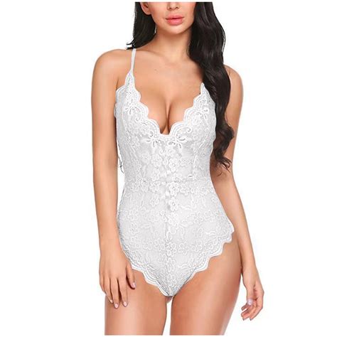 Wreesh Womens Lingerie Bodysuit Teddy Lingeries V Neck Lace Slip