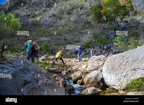 Santiago Apoala Oaxaca Mexico Tourists Hike Near The Village Of