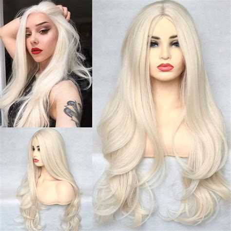 BLUPLE Platinum Blonde Synthetic X X T Lace Front Wig Long Natural Wavy Heat Resistant