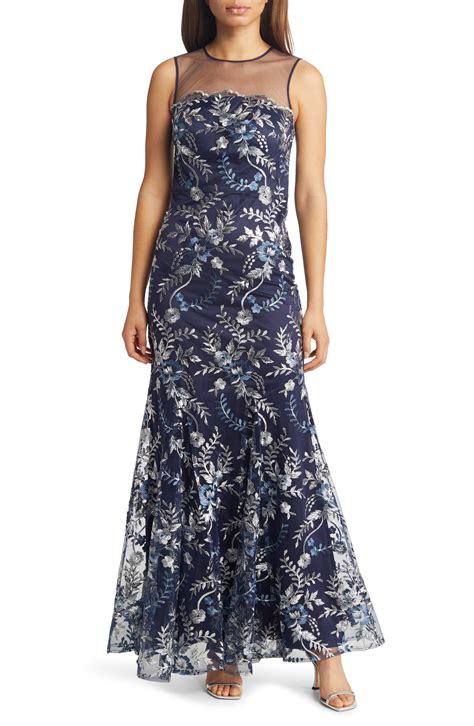 Eliza J Floral Sequin Embroidered Sheer Yoke Gown In Blue Lyst