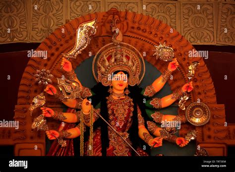 Goddess Durga, a modern display at Banani Puja Mandap, during the Hindu ...