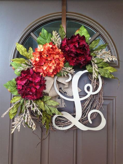 Front Door Summer Wreath With Initial Red And Orange Hydrangea Wreath