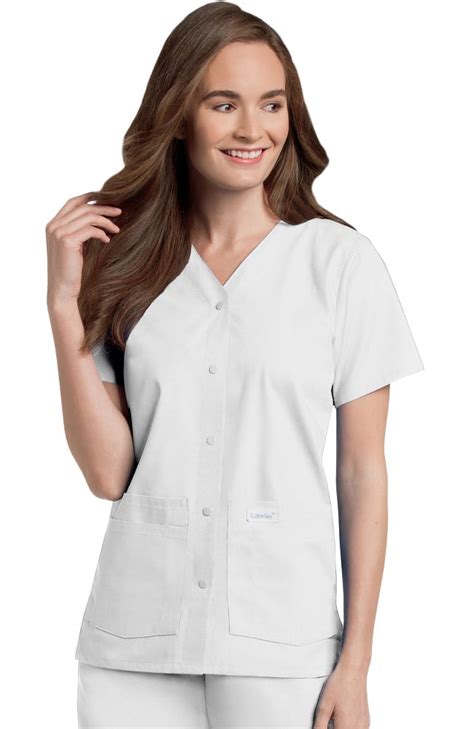 Landau Womens Snap Front 4 Pocket V Neck Solid Scrub Top