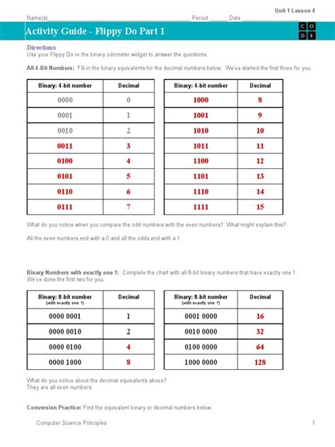 Activity Guide - Flippy Do PT 1 - Unit 1 Lesson 4 | PDF | Bit | Numbers