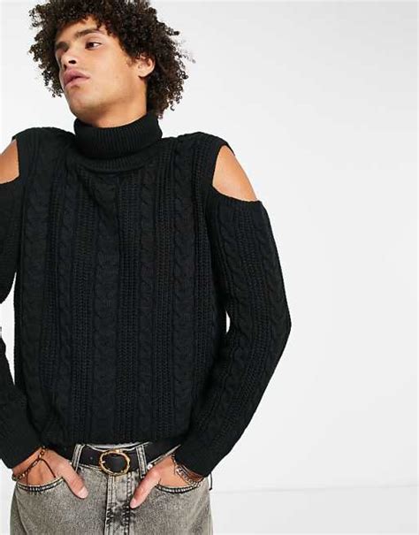 Asos Design Cable Knit Jumper With Cold Shoulder In Black Asos