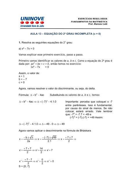 Aula1 Matematica Equação 2° Grau Incompleta