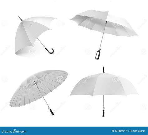 White Umbrella Realistic Parasol Different Angles View Isolated Elements For Marketing