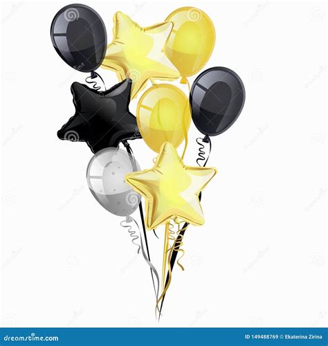 Bunch Of Black Golden Silver Helium Balloons Isolated On White