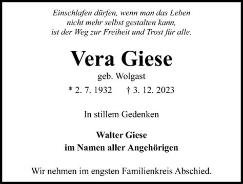 Traueranzeigen Von Vera Giese Trauer Anzeigen De