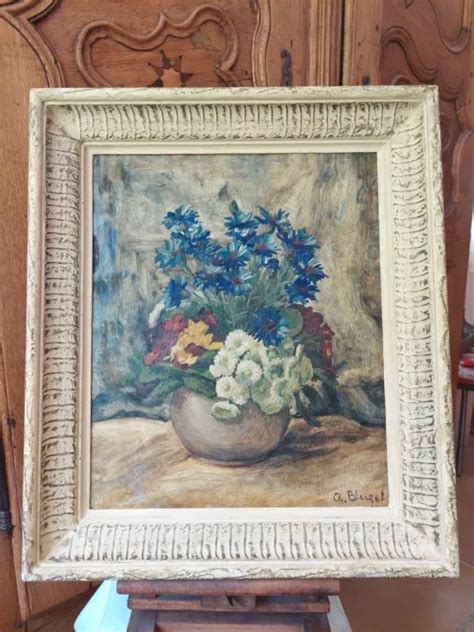 Ancien Tableau Huile Sur Panneau Carton Bouquet De Fleurs Sign A