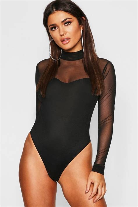 Rib Mesh High Neck Long Sleeve Bodysuit Long Sleeve Bodysuit High