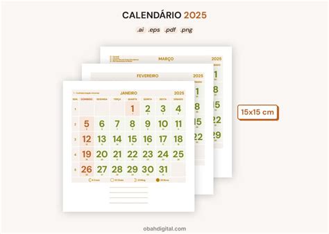 Calendário 2025 Editável 5x5cm Ai EPS PDF PNG Obah Digital