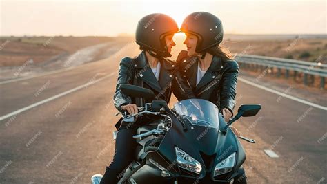 Premium Photo Lesbian Couple On A Motorcycle With Helmets On